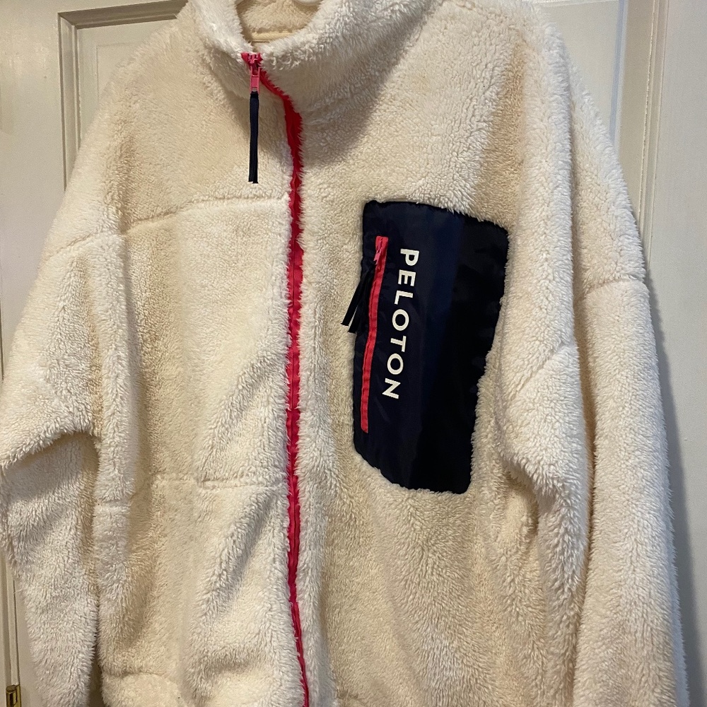 Peloton Sherpa White Hot Pink Navy Zip Teddy Fleece Womens Jacket Size XXL - Picture 2 of 7